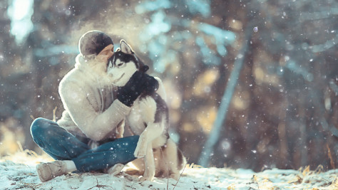Mann mit Hund im Winter im Wald